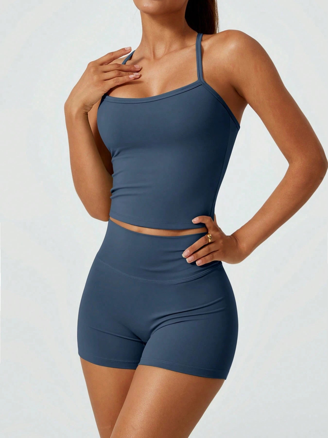 Halter studio coordinated set The Quiet & Co. — back view sculpted silhouette — Navy Blue