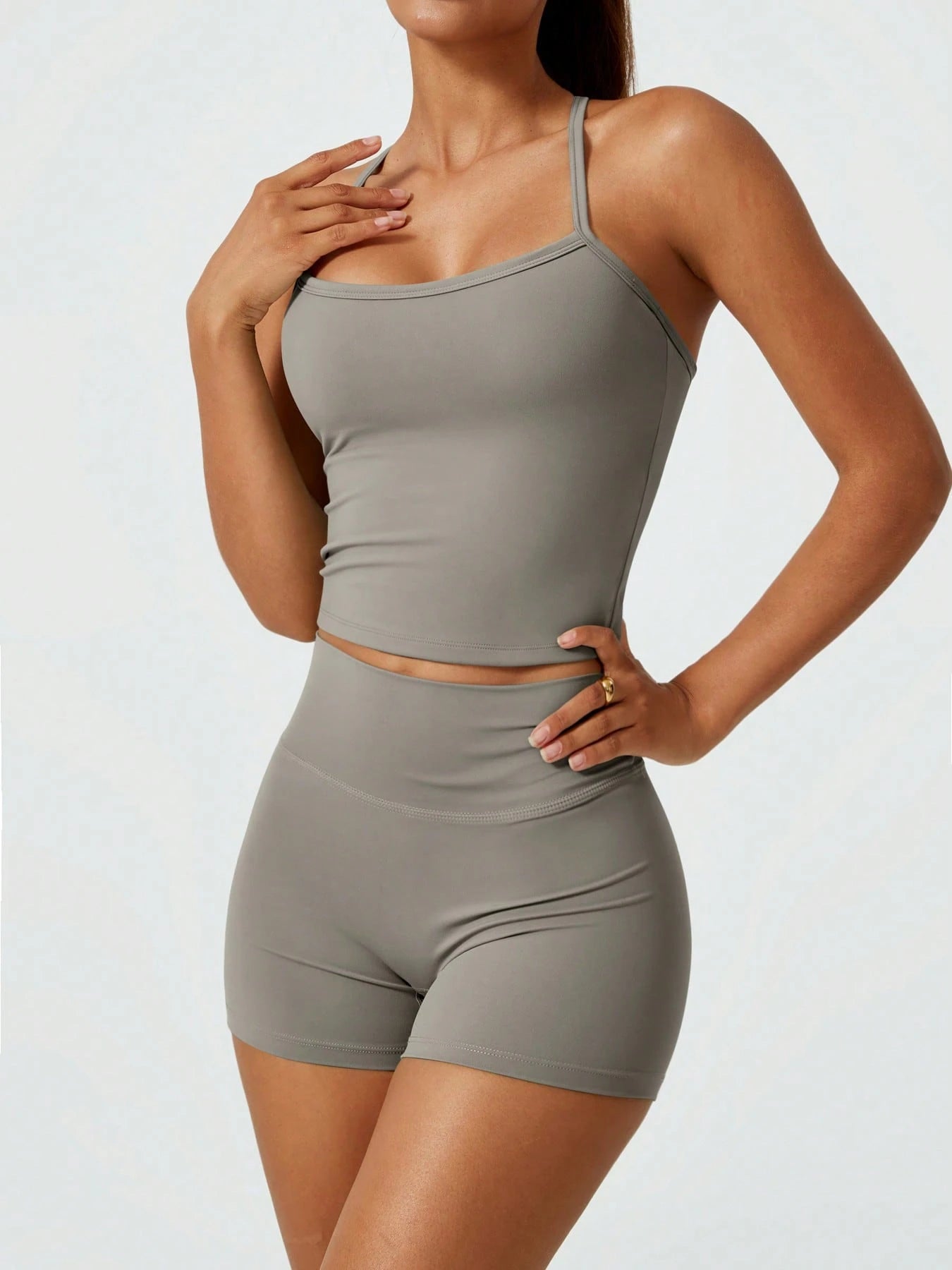 Halter studio coordinated set The Quiet & Co. — back view sculpted silhouette — Grey