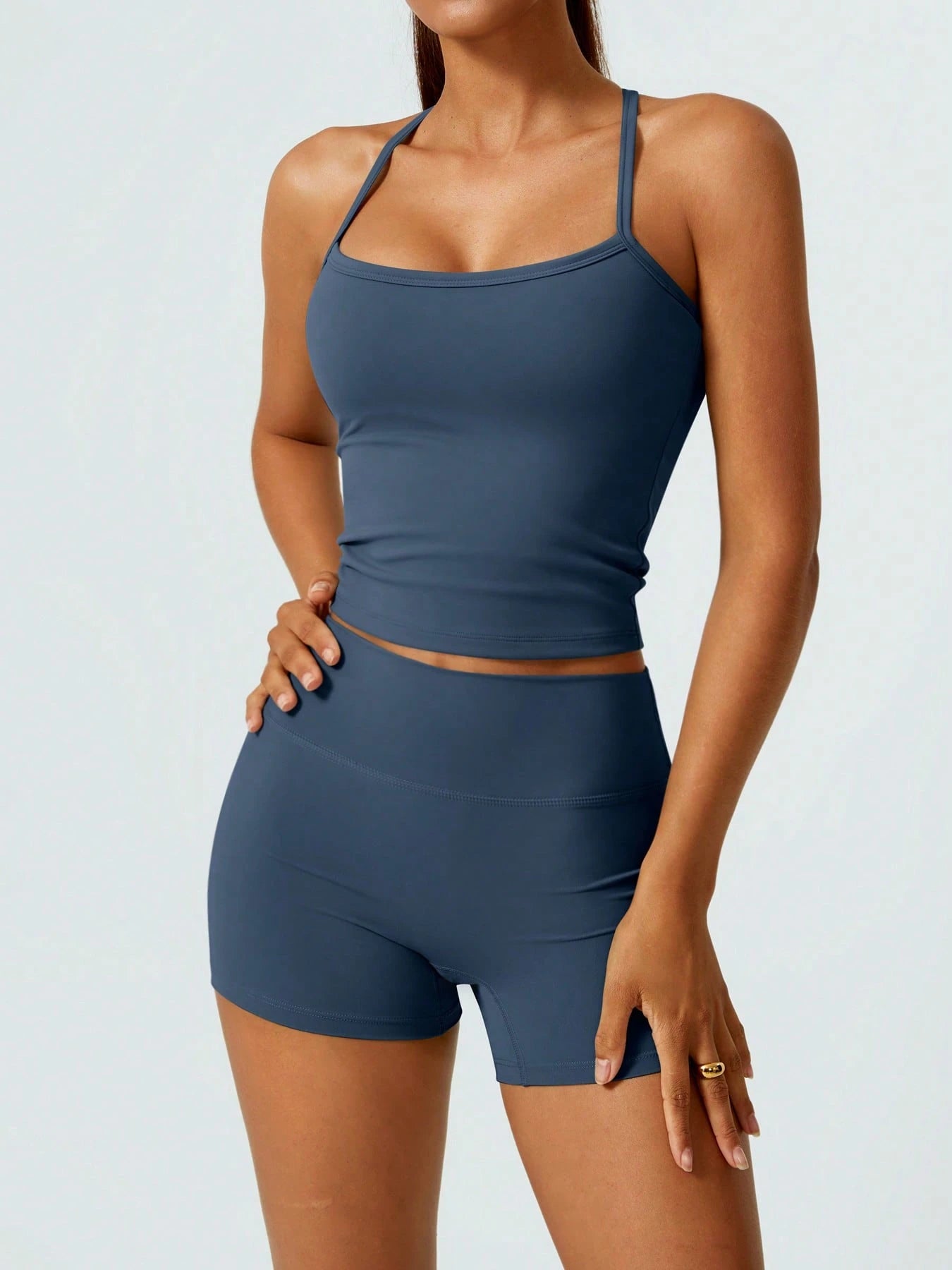 Halter studio coordinated set The Quiet & Co. — back view sculpted silhouette — Navy Blue