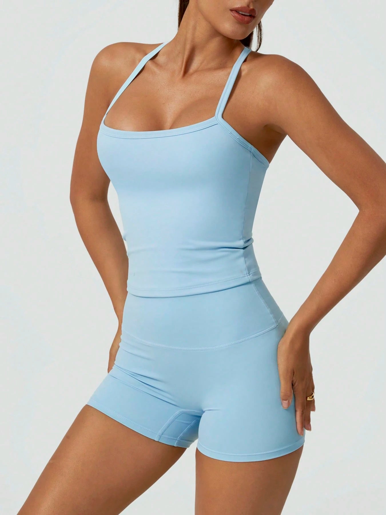 Halter studio coordinated set The Quiet & Co. — back view sculpted silhouette — Baby Blue